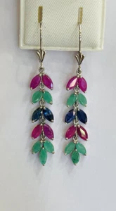 14k Solid White Gold Dangle Earrings Natural Mixed Stones Ruby Sapphire Emerald - Picture 1 of 7