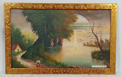 PINTURA BANKSY ABDUCCIÓN OVNI ÓLEO SOBRE LIENZO CON MARCO EN HOJA DE ORO BONITO BUENO Foto 1 de 4