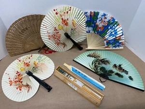 Vintage Chinese Asian Collectible Folding Hand Fans, Lot of 5, Kabuki Chopsticks - Picture 1 of 10