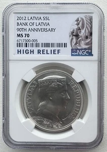 NGC MS70 Latvia 2012 Bank of Latvia 90th Anniversary Silver Coin 5 Lati COA - Picture 1 of 7