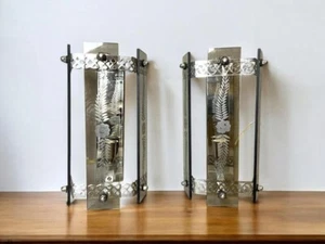Pair vintage minimalist chromed metal and glass wall sconce light lamp - Picture 1 of 9