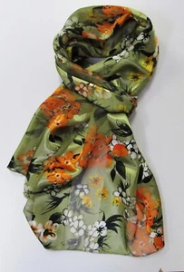 Long Silk Feel Green Scarf With Orange Floral Flower Print # 6621 - Picture 1 of 4