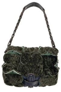 JAMIN PUECH Shearling Leather Shoulder Bag Small Green Blue Silver Studded - Picture 1 of 15