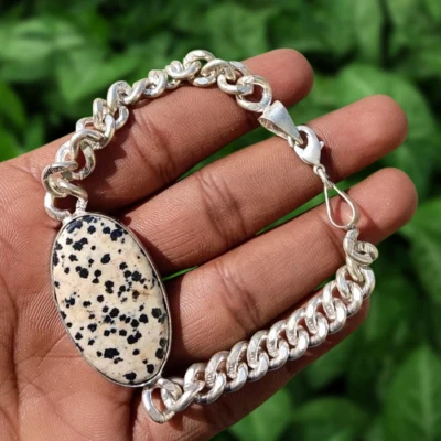 Ethnic Dalmatian Jasper Gemstone Bracelet 925 Silver Plated Handmade Jewelry - Image 1 of 4