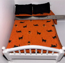 Dollhouse Miniature 1:12 Double Bed bedding & 2 Pillows Halloween Cat #018