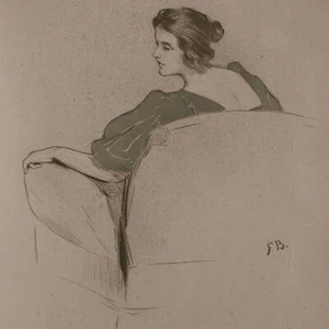 Fritz Burger Jugendstil Frauenporträt im Sessel signiert Lithografie um 1900 - Bild 1 von 4