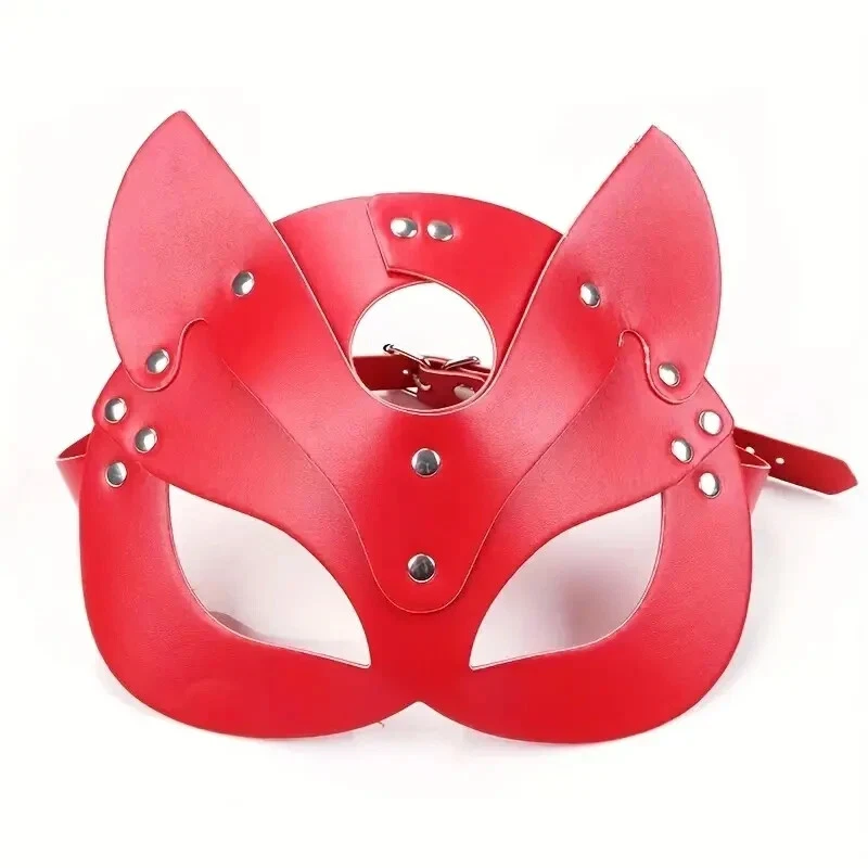 1pc Pu Leather Cosplay Sexy Fox Mask Tail Mask Half Cat Red Eye Halloween - Image 1 of 1