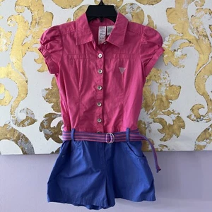 Guess Size 10 Vintage Pink And Blue Kids Romper With Belt And Pockets - Picture 1 of 12