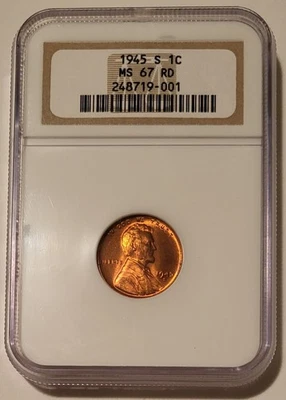 1945 S Lincoln Wheat Cent MS67 RED NGC - Image 1 of 4