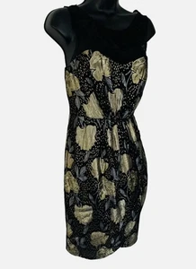Coast Schwarz & Gold Jacquard Blumen Seidenmischung Abend Anlass Kleid Größe 8 - Bild 1 von 8