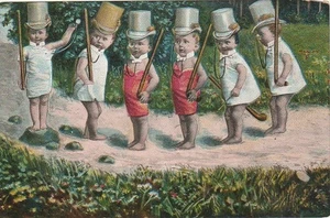 Germany 6 Young Children in Top Hats & Holding Horns - Picture 1 of 2