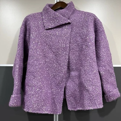 Eileen Fisher Women Sz M P Alpaca Wool Blend Chunky Knit  Sweater Jacket Purple - Image 1 of 4