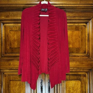 Chicos Travelers Cardigan Womens 2 (L/12) Red Ruffle Open Front Liquid Knit - Picture 1 of 12