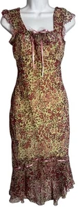 VTG Y2K Floral Ruffle Babydoll Pink Green Fairy Milkmaid Coquette Dress 11 Sm - Picture 1 of 9