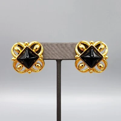 Pendientes Monet Black Lucita Pyramid Cab Tono Dorado Poste Cuadrado Años 90 Foto 1 de 4