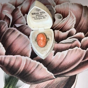 Antique 14K Genuine Coral Carved Cameo Ring High Relief - Picture 1 of 5