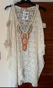 BNWT Cream lace embellished beaded cold shoulders beach cover up one size (up to