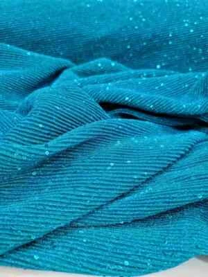 Fabric By The Yard Bridal Embroidery Sequin  On Stretch Pleated Turquoise  - Image 1 of 4