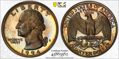 PR68DCAM 1994-S 25C Washington Proof Quarter, PCGS Secure- Vivid Rainbow Toned Cover