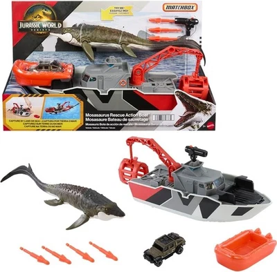 Matchbox Jurassic World Rebirth Mosasaurus Rescue Action Boat Playset New Toy - Image 1 of 4