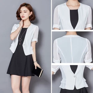 Women Short Sleeve Suit Jacket Chiffon Short Thin Coat Sheer Blouse Crop Summer - Picture 1 of 10