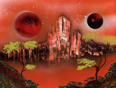 Paisaje surrealista con lunas montañas y árboles firmado por el artista Jason Girard Foto 1 de 3