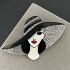 Layered Acrylic Brooch Woman in Hat Figural Black Silver Sparkles Art Deco Pin