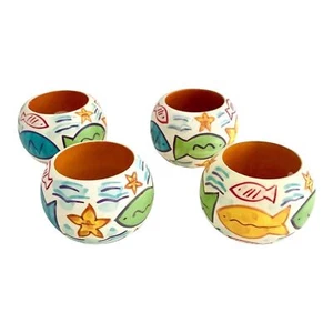 Nautical Seaside Fish Napkin Rings Set of 4 Abstract Folk Art Painted - Picture 1 of 4