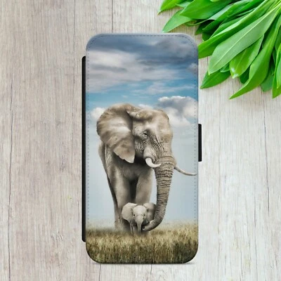ELEPHANT BABY FLIP CASE FOR IPHONE SAMSUNG GOOGLE NATURE ART WALLET PHONE COVER - Image 1 of 4