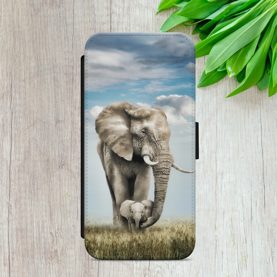 ELEPHANT BABY FLIP CASE FOR IPHONE SAMSUNG GOOGLE NATURE ART WALLET PHONE COVER - Image 1 of 4