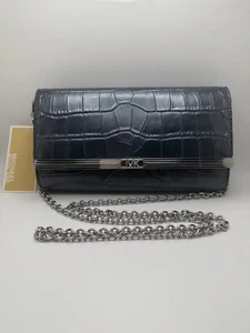Michael Kors Croco Embossed Silver Hardware Mona Large Clutch Leather Navy NWT - Picture 1 of 6