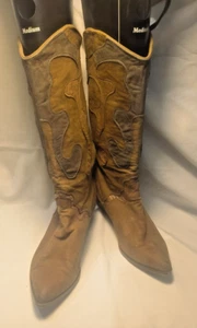 Vintage Zodiac calf length suede tan stack heeled cowboy boots size 9M - Picture 1 of 7