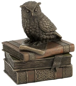 Collared Scops Owl On Books Trinket Box Cold Cast Bronze Finish - Picture 1 of 2