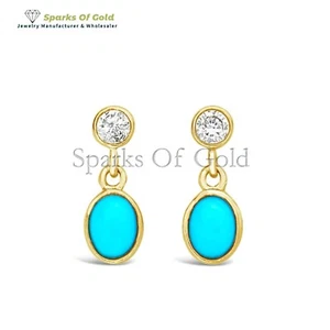 Bezel Set Diamond & Turquoise Drop Stud Earrings 14k Yellow Gold Fine Jewelry - Picture 1 of 4