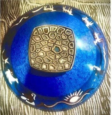 MCM BRASS Israeli TURQUOISE ENAMEL Footed Bowl  W/ Handle  Camel Caravan EUC - Image 1 of 4