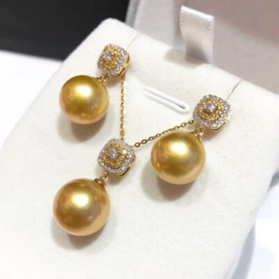Gorgeous AAAA 10-11mm south sea Golden Round pearl pendant earring sets 925s... - Image 1 of 4