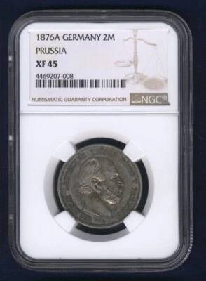 GERMANY PRUSSIA  WILHELM  1876-A  2 MARK SILVER COIN, NGC CERTIFIED XF-45 - Image 1 of 4