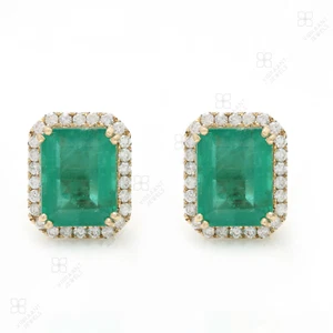 Emerald Halo Diamond Stud Earrings,Emerald Halo Stud Earrings. - Picture 1 of 7
