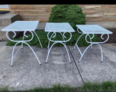 3 MCM Tempestini wrought Iron Mesh Nesting Patio Tables Vintage Woodard 1950's - Image 1 of 4