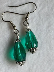 Teal Crystal Tear Drop Dangle Earrings Surgical Steel Hook - Picture 1 of 5