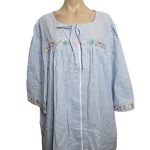 Vermont Country Store Gingham Plaid Zip Embroidered House Lounge Dress Robe 3X