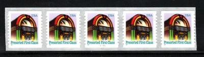 Stamp USA 25¢Juke Box Presort- Plate #111111 Coil Strips of 5 stamps - SC#2912b - Image 1 of 2