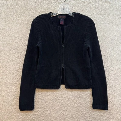 90s Vintage Ralph Lauren Sweater Top Small Black Rib Knit Double Full Zip - Image 1 of 4