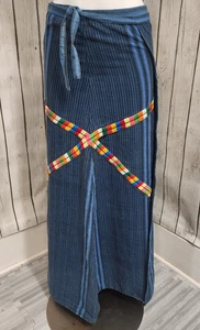 Vintage Handwoven Indigo Stripe Wrap Skirt Guatemalan Cotton Boho Rainbow 39" - Picture 1 of 8