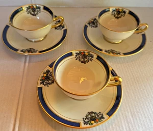 Selten! Lenox Westchester Kobaltblau 3 Demitasse Teetassen- und Untertassen-Sets 1920er - Bild 1 von 8