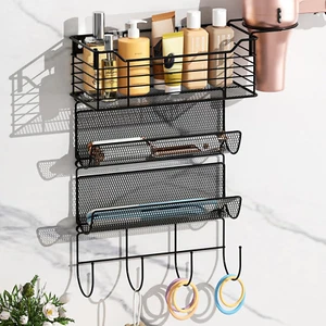 Metal Hair Tool Organizer Wall Mount, Hair Dryer Holder with 3 Tier Shelf Basket - Picture 1 of 12