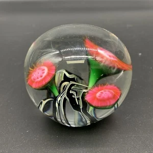 VTG Signed Lotton Art Glass Paperweight 2004 Pink Flowers 2.75” - Picture 1 of 12