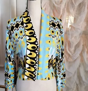 New Women XL Cardigan Yellow Blue Colorful Print Cropped Open Front 3/4 sleeve - Picture 1 of 3