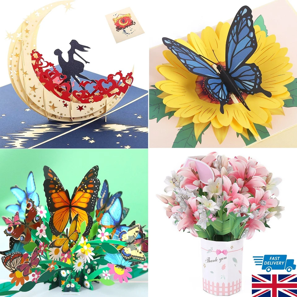 3D Pop Up Greetings Card  Laser Cut Handmade  Wide Selection Butterfly Flowers - Image 1 of 1