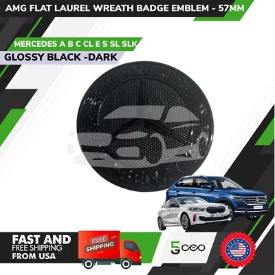 Glossy Black Flat Laurel Wreath Badge Mercedes Benz AMG Front Hood Emblem 57mm - Image 1 of 2